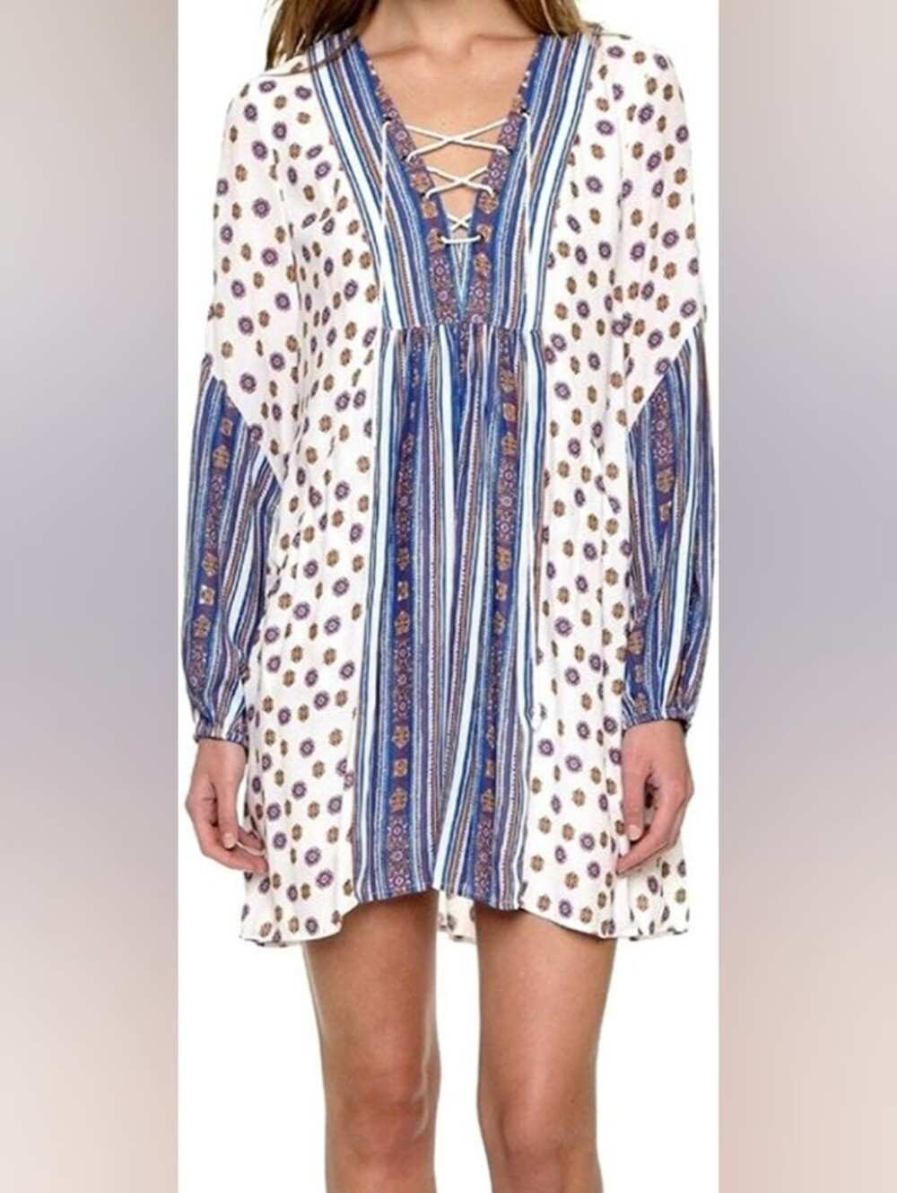 Free People Blue & White Boho Lace-Up Tunic